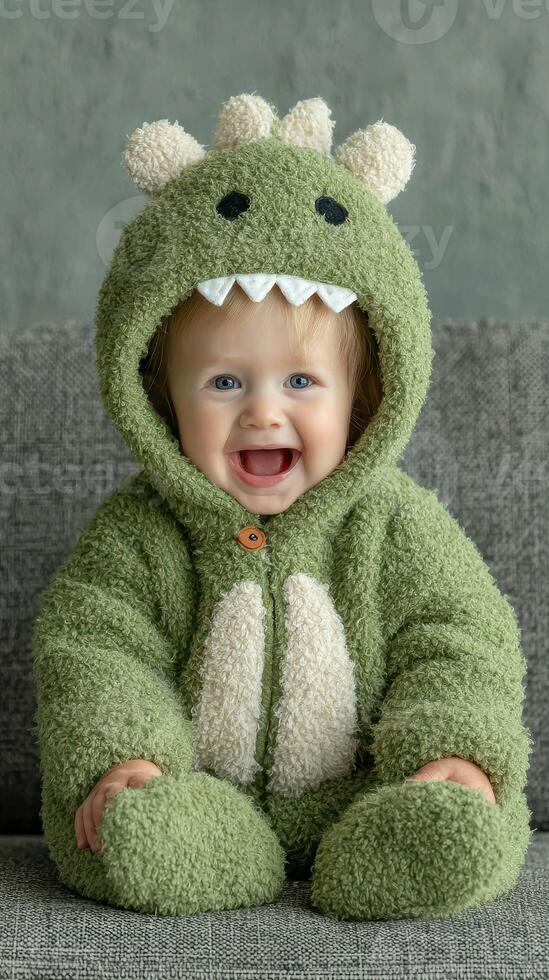 Cute baby wearing green dinosaur costume smiles joyfully while sitting on a cozy gray couch indoors during daytime photo