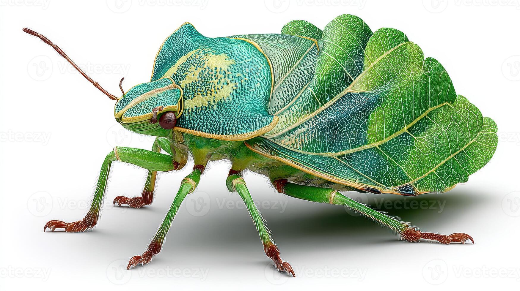 Colorful green insect blending with foliage observed in natural habitat during daytime photo