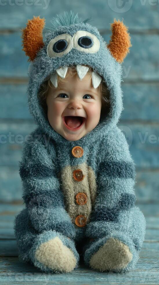 Happy baby dressed in a cozy monster onesie with bright colors in a cheerful setting photo