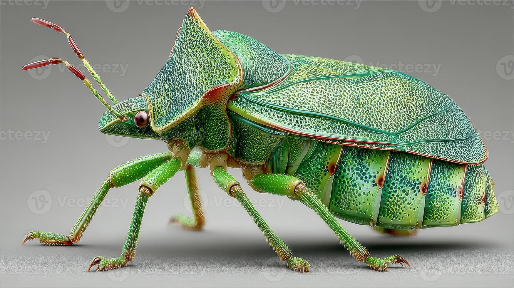 Colorful green beetle observed up close showcasing intricate details and textures in a studio setting photo