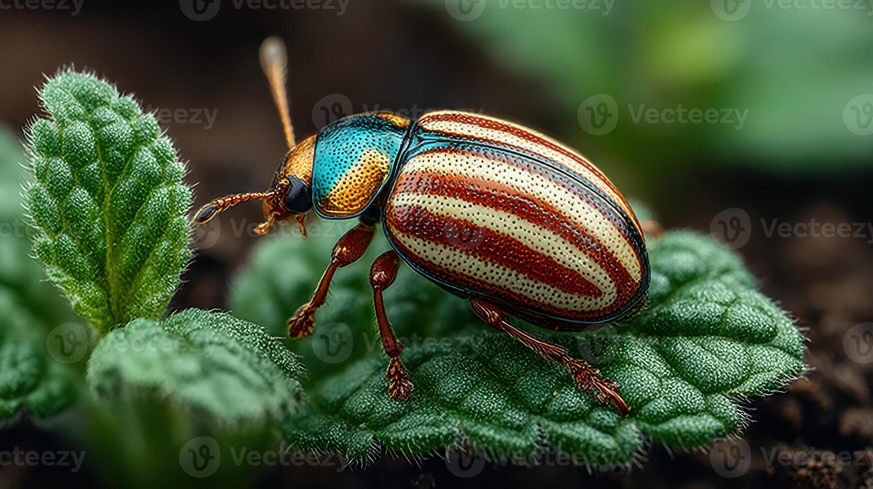 Vibrant striped beetle resting on green leaf in a natural setting during daylight photo
