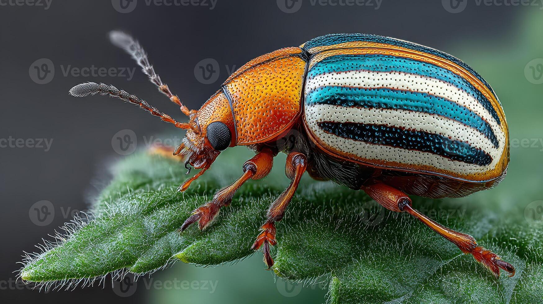 Close-up of a vibrant striped beetle resting on a green leaf in a natural environment during daylight hours photo