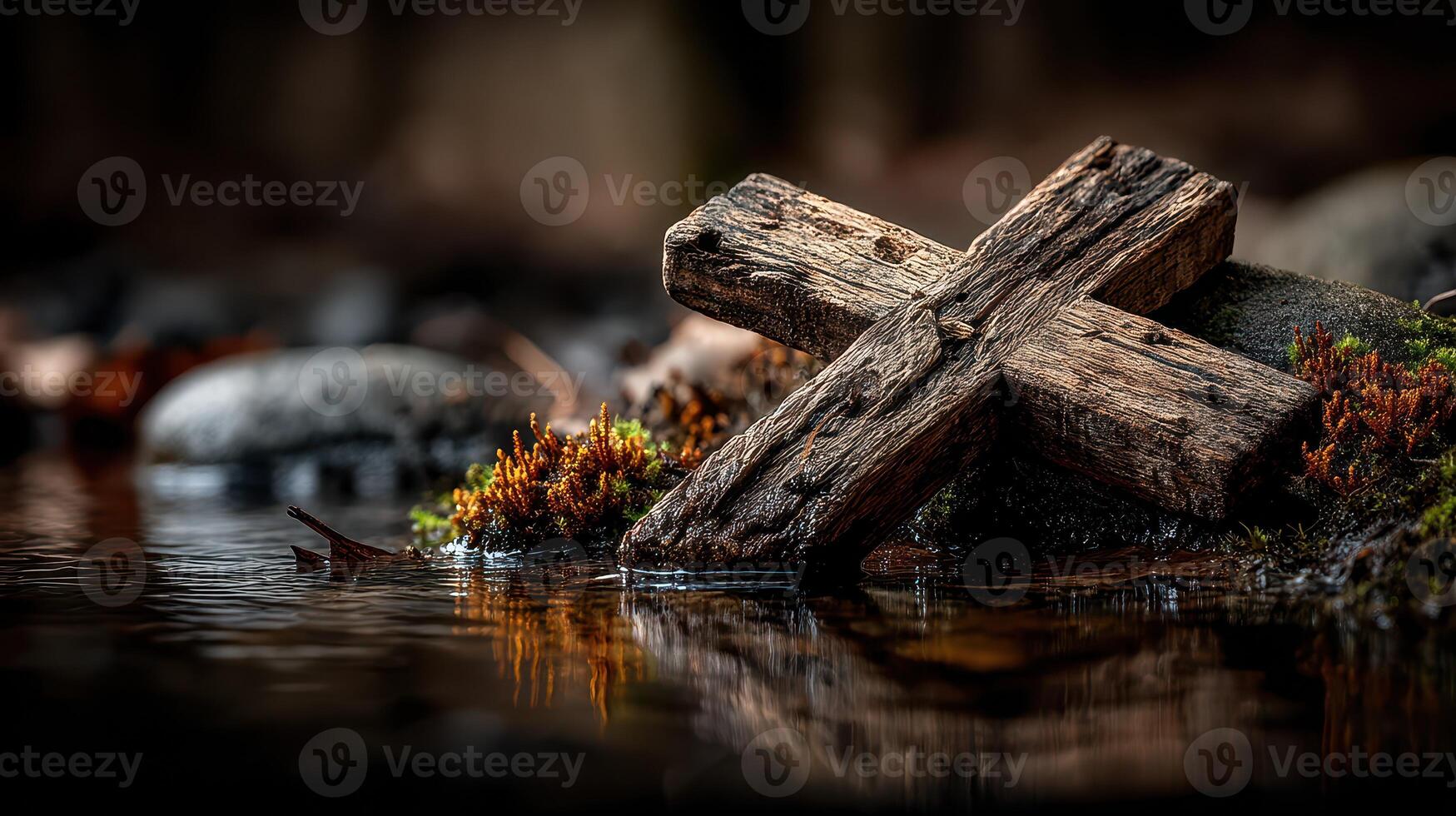 Weathered wooden cross beside a tranquil stream reflecting soft autumn hues in a serene natural setting photo