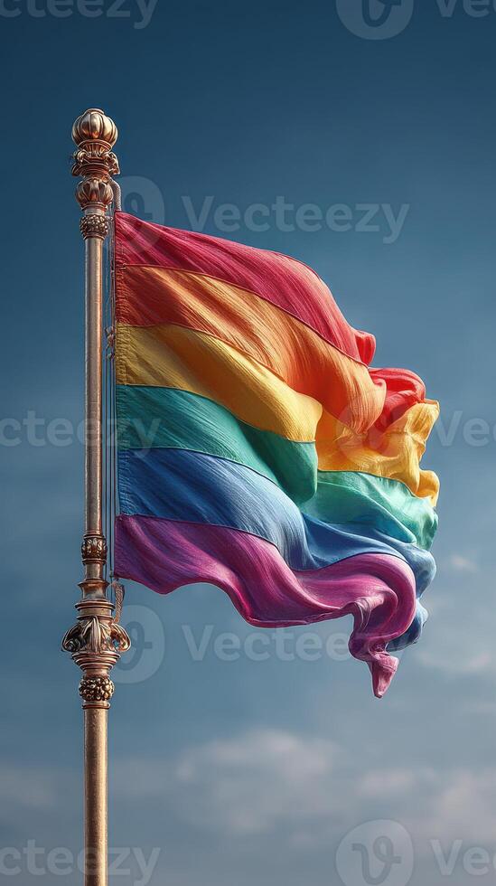 Colorful rainbow flag waves proudly against a clear sky, symbolizing diversity and inclusion in a vibrant display photo