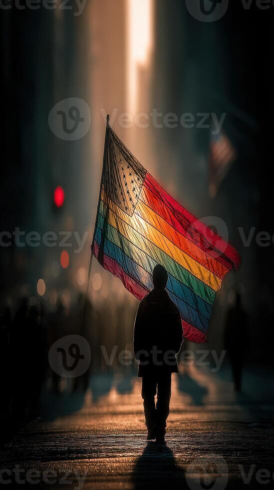 Colorful flag waves in the sunlight as a person walks through a bustling city street during a vibrant celebration photo