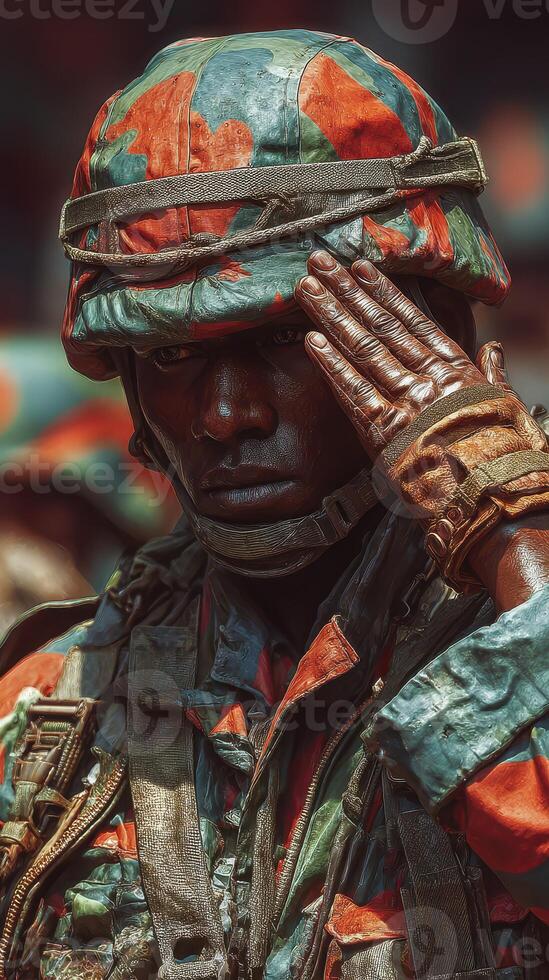 Soldier saluting during military ceremony in vibrant camouflage uniform under bright sunlight photo
