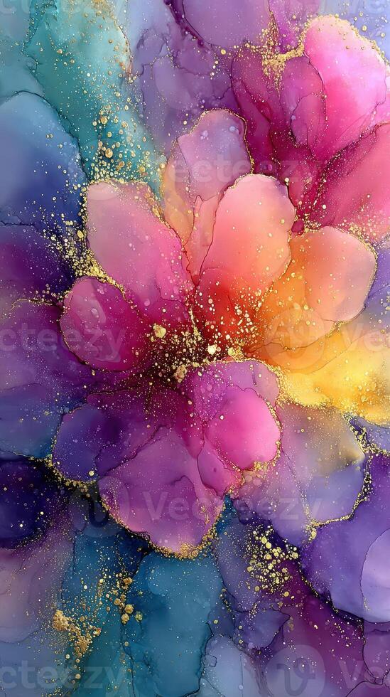 Colorful abstract floral design with vibrant hues of purple, pink, and gold accents created using fluid art techniques photo
