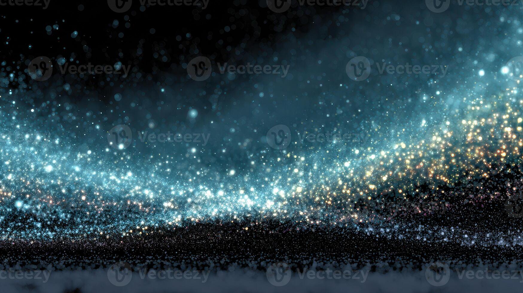 Sparkling blue and gold particles create a shimmering effect in a dark atmosphere during a cosmic-themed event photo