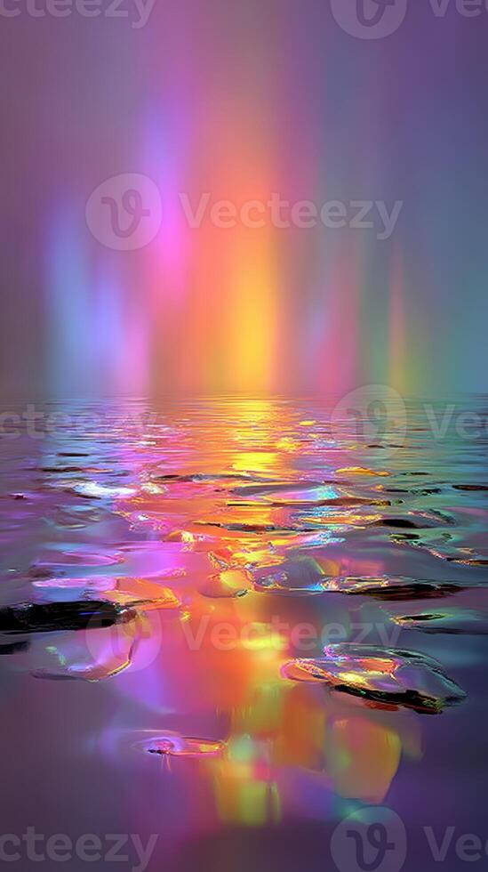 Vibrant colors reflecting on calm water during twilight at a serene lake photo