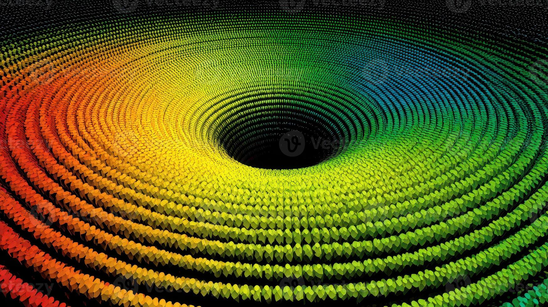 Colorful spiral pattern creates visual depth and intrigue with a dark center and vibrant hues, showcasing an engaging design photo