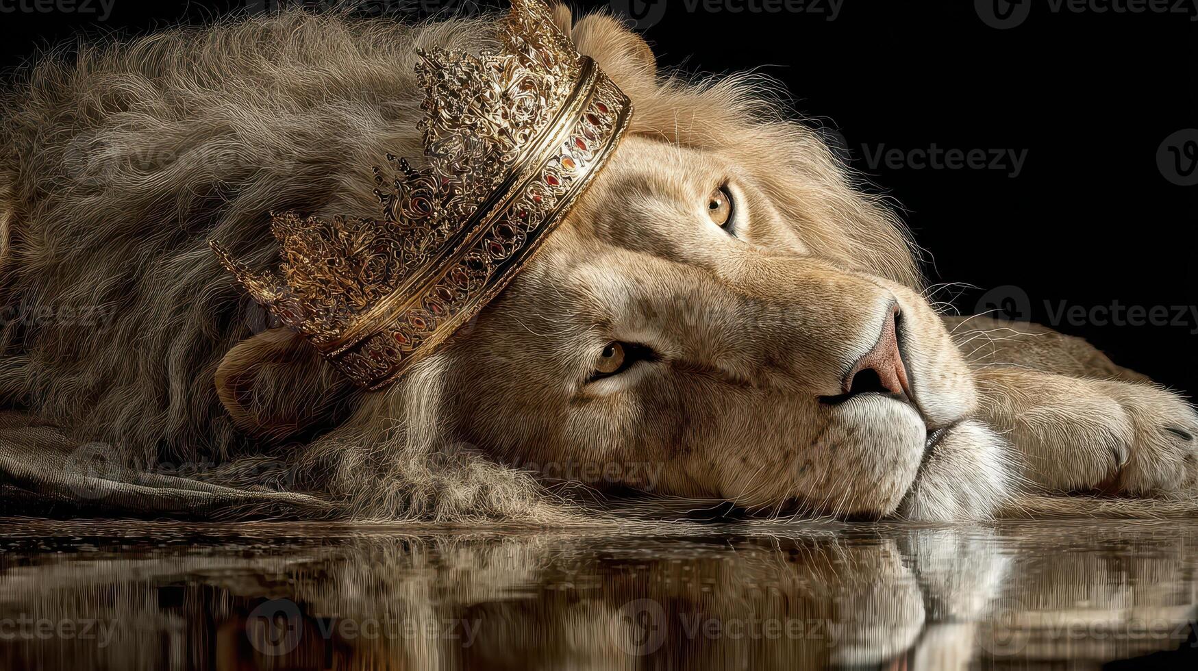 Majestic lion rests with regal crown in captivating portrait captured in warm lighting photo