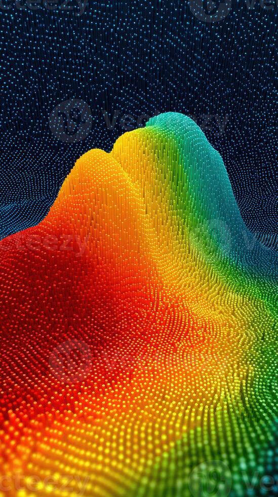 Brightly colored 3D landscape with vibrant peaks and valleys created from small dots in a digital environment photo