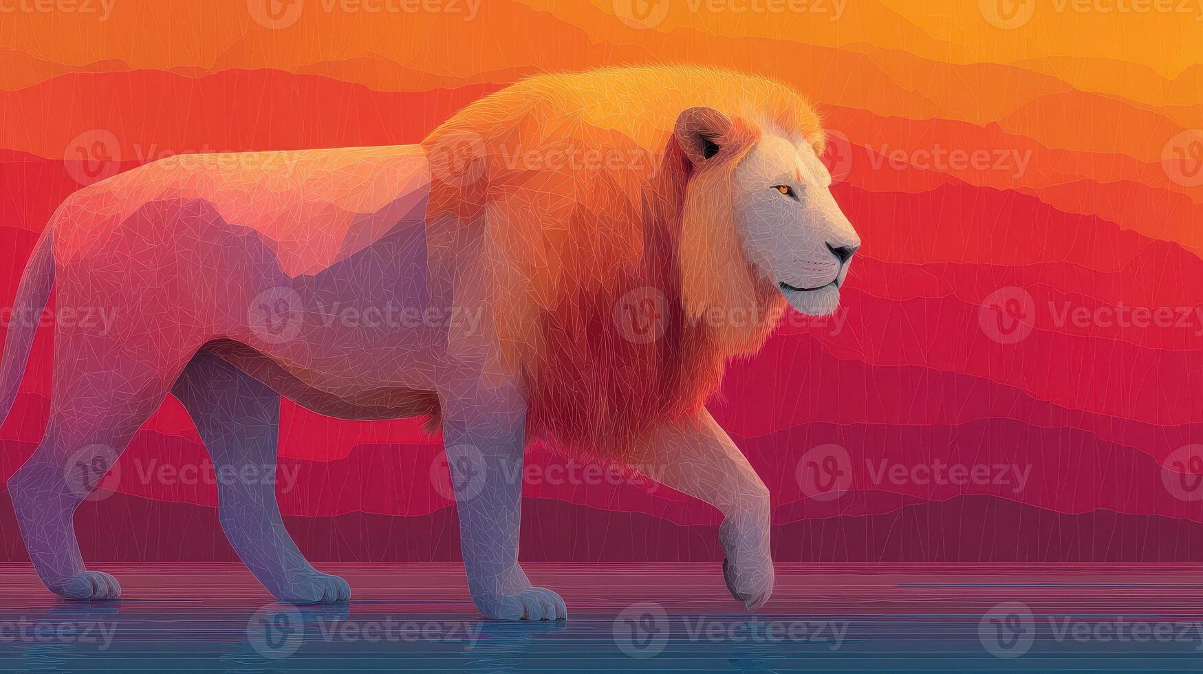 Majestic lion walks across vibrant landscape at sunset with colorful mountain backdrop photo