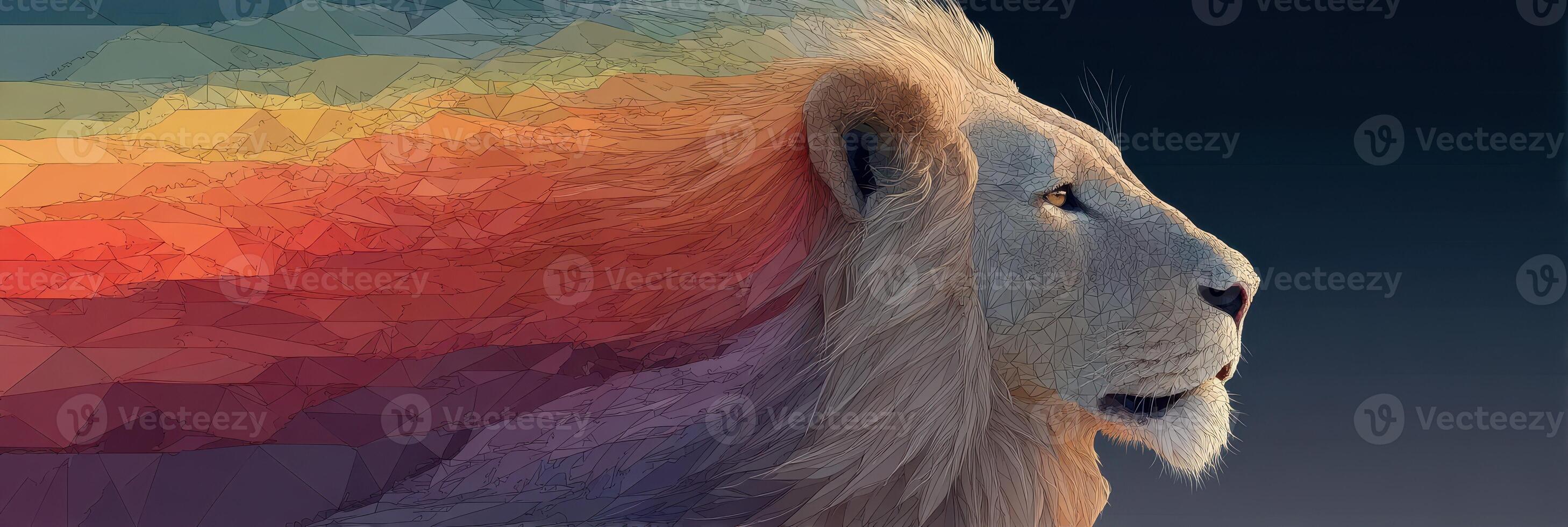 Lion with colorful geometric mane in a digital art style showcasing vibrant hues against a dark background photo