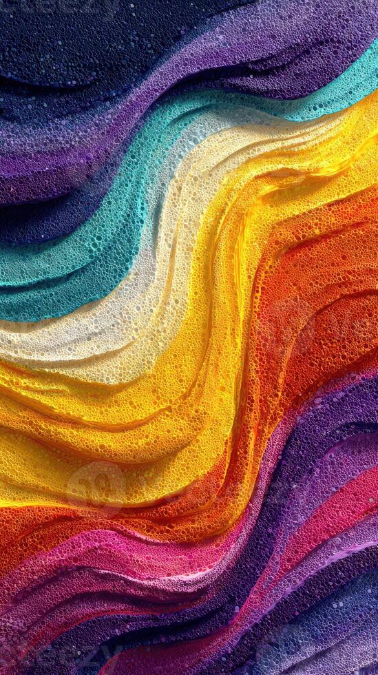 Vibrant abstract waves of color create a dynamic blend of orange, purple, and teal textures in an artistic design photo
