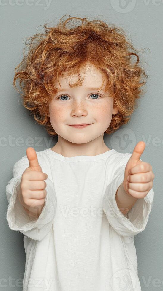 Young child with curly red hair giving thumbs up against gray background in a playful mood photo