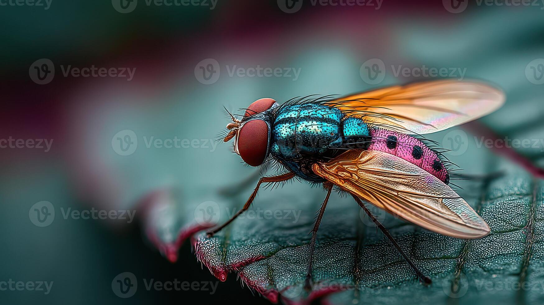 Colorful fly resting on a green leaf in a natural setting during daylight hours photo