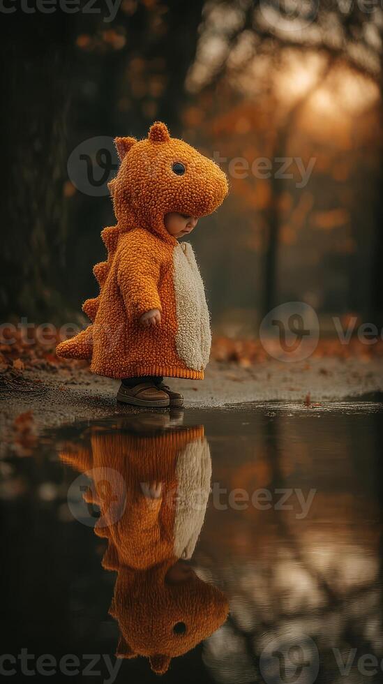 Child in dinosaur costume stands by a puddle in a park during autumn at golden hour photo