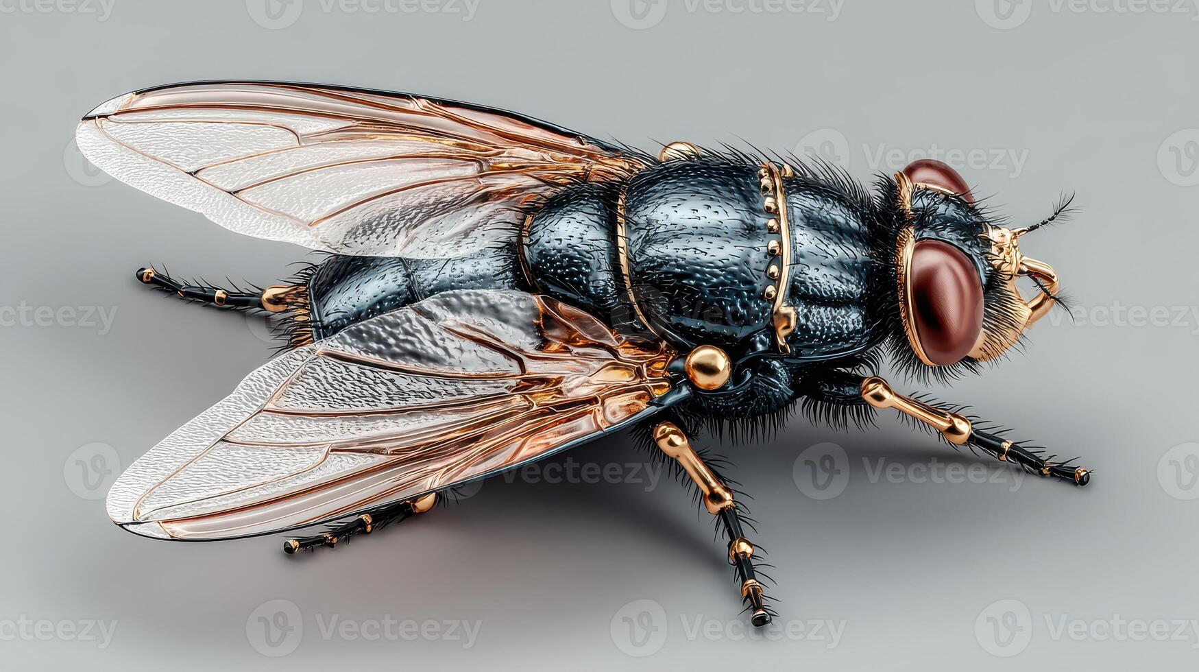 Close-up view of a detailed insect showcasing intricate features and vibrant colors under a gray background photo