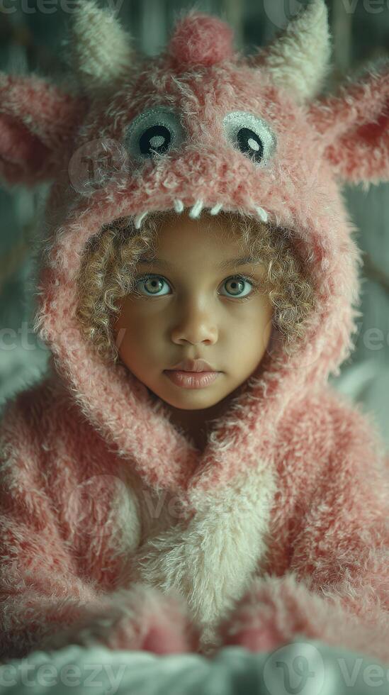 Young child in a fluffy pink monster costume with curly hair sitting indoors during a cozy afternoon photo