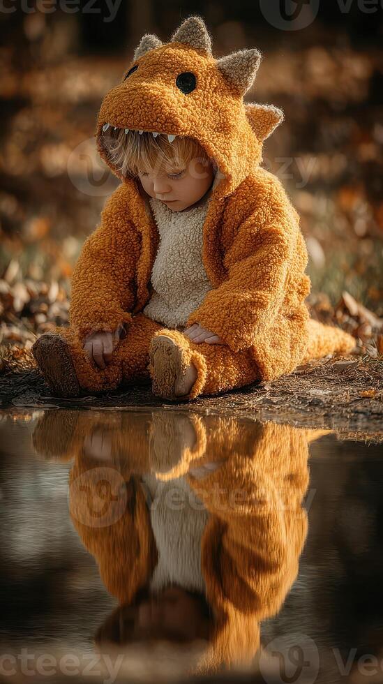 Child in orange dinosaur costume sits by calm pond reflecting autumn colors during sunny afternoon playtime photo