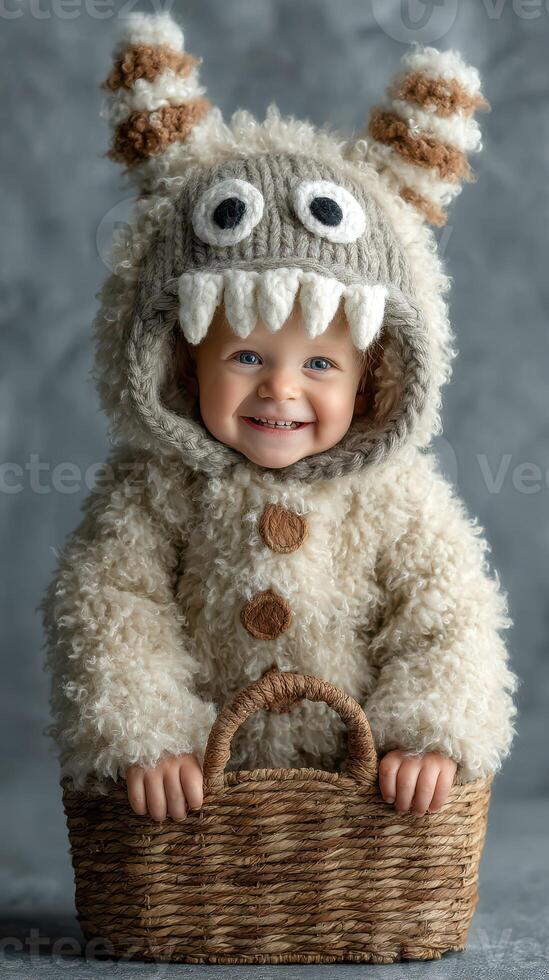 Cute toddler dressed in cozy monster costume holding a wicker basket indoors with soft background photo