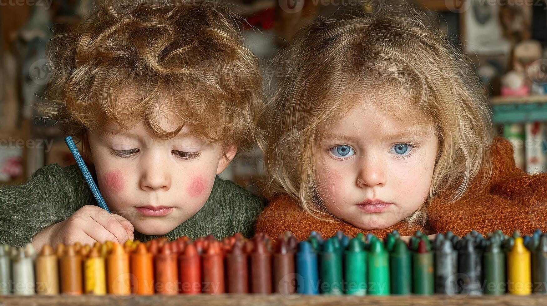 Children engaged in creative activity with crayons in a cozy room during daylight hours photo