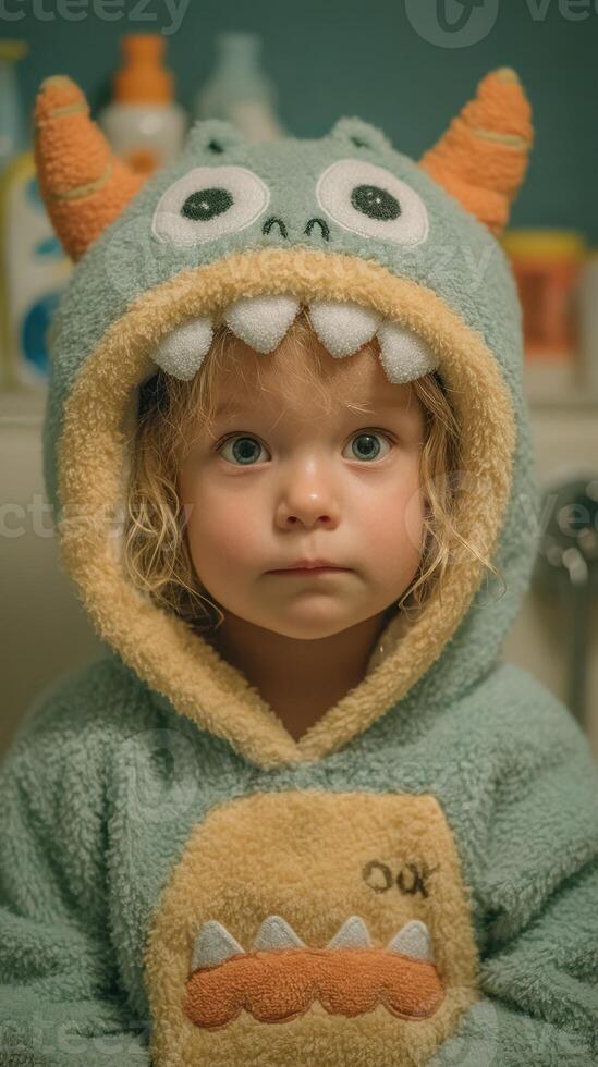 Young child wearing a monster-themed hooded robe in a playful bathroom setting during the evening photo