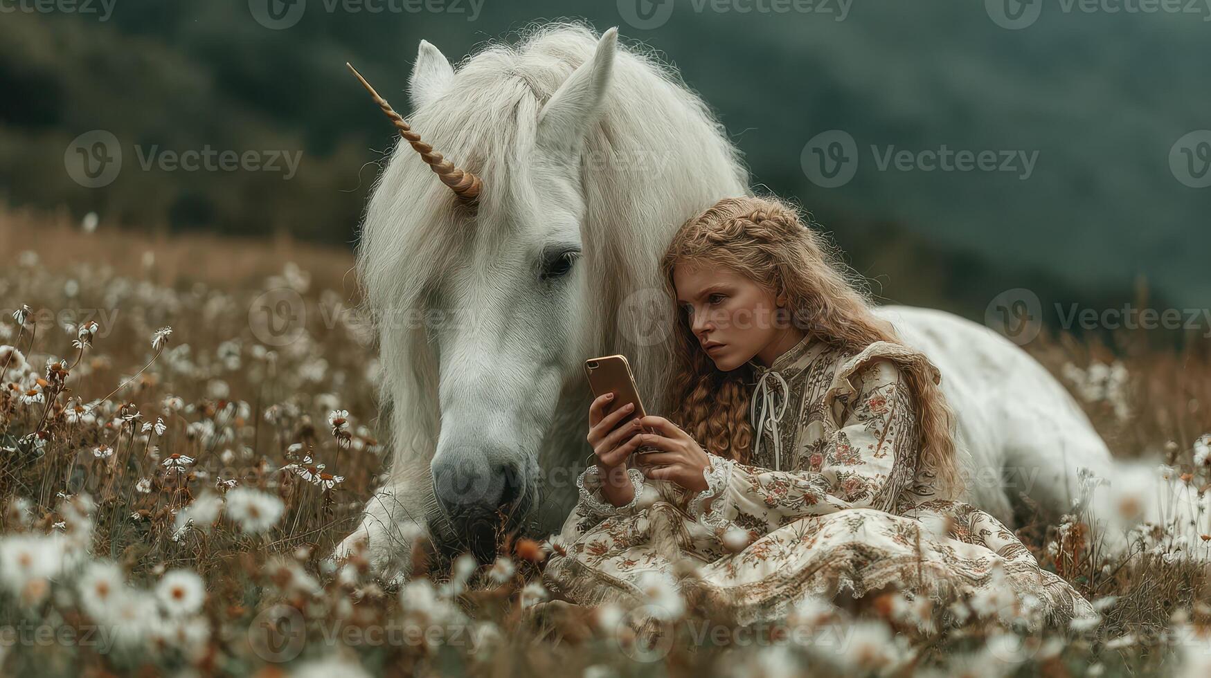 Young woman in floral dress sits in meadow with unicorn, checking phone amidst wildflowers on a serene afternoon photo