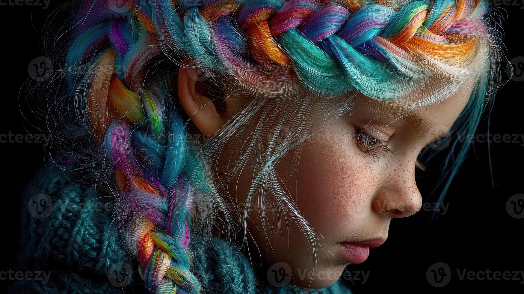 Young girl with colorful braided hair showcasing unique hairstyle and vibrant colors against dark background photo