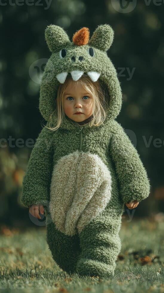 Child wearing a cozy dinosaur costume enjoys outdoor playtime in a lush green setting during a sunny day photo