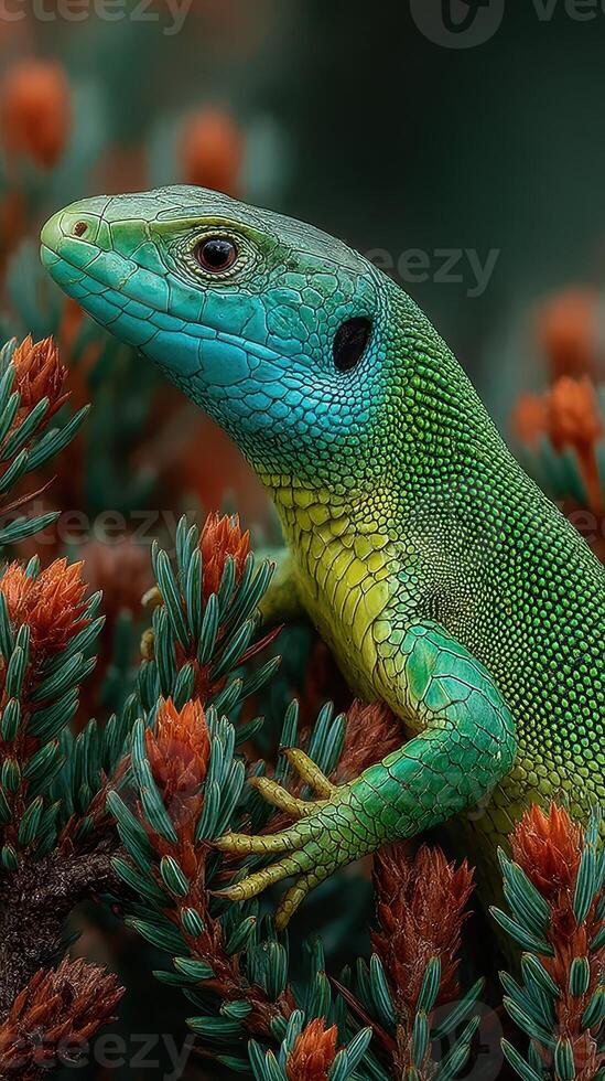 Colorful lizard perched among vibrant foliage in a lush environment during daylight hours photo