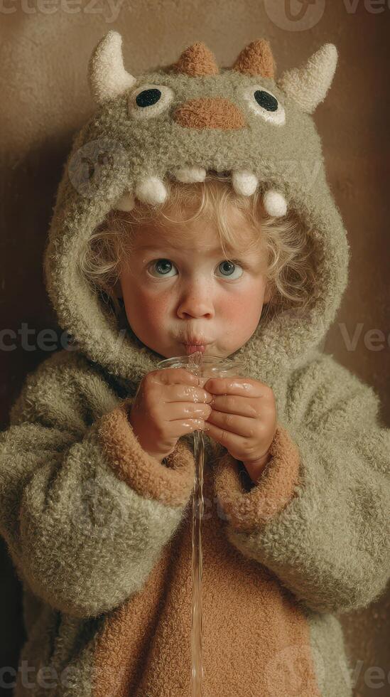 Cute child wearing a monster costume sipping water with curiosity in a cozy indoor setting photo