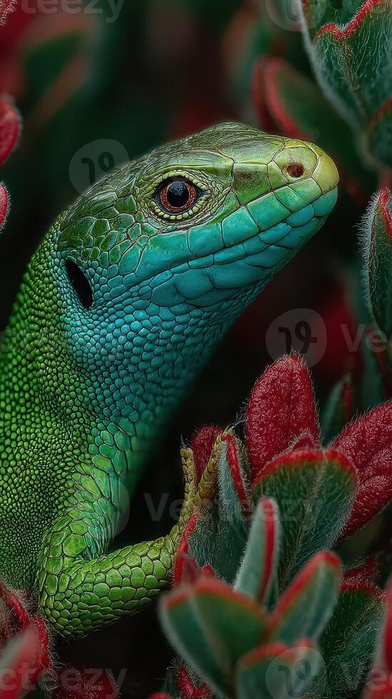 Vibrant green lizard resting among colorful foliage in a tropical environment at dusk photo