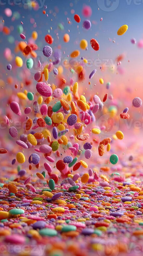 Colorful candy sprinkles bursting into the air against a vibrant pastel background during sunset photo