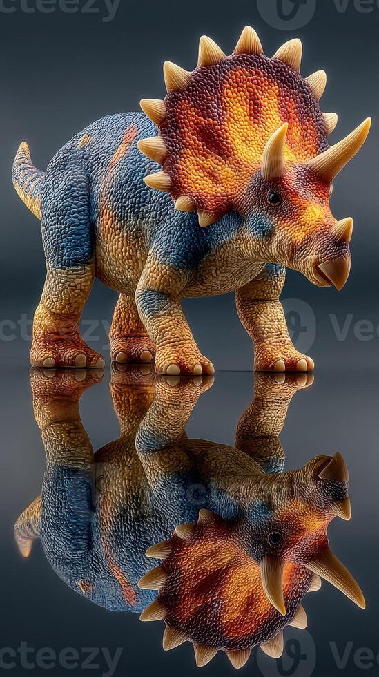 Colorful triceratops toy figure standing on reflective surface in a studio setting photo