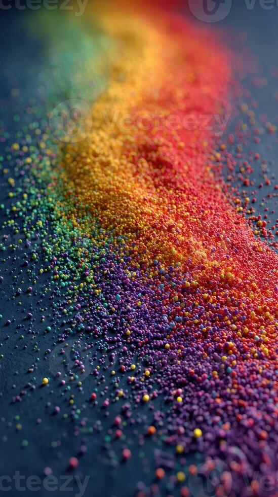 Colorful granules create a vibrant rainbow effect on a dark surface in artistic display photo