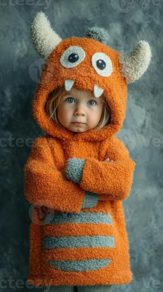 Child in fuzzy orange monster sweater poses confidently in a studio setting with a textured background during daylight photo