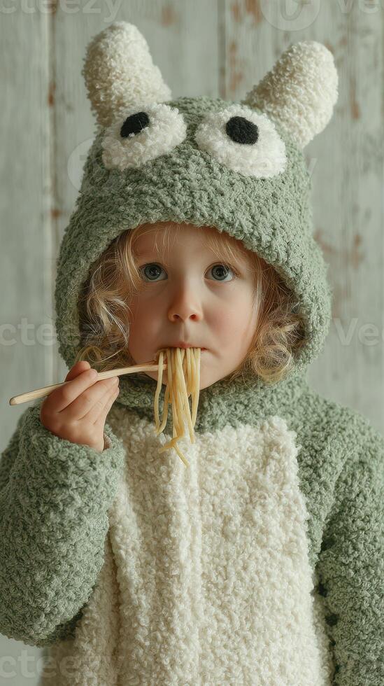 Child wearing cozy animal-themed outfit enjoys spaghetti in a playful setting photo
