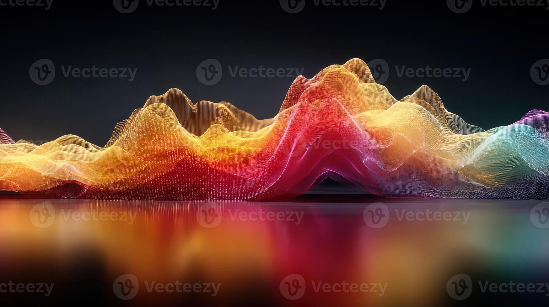 Colorful abstract landscape with flowing waves reflecting vibrant hues in low light setting photo