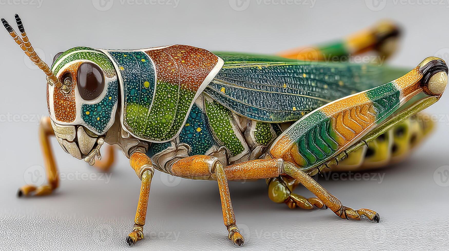 Colorful grasshopper perched on a surface showcasing intricate details in a close-up view photo