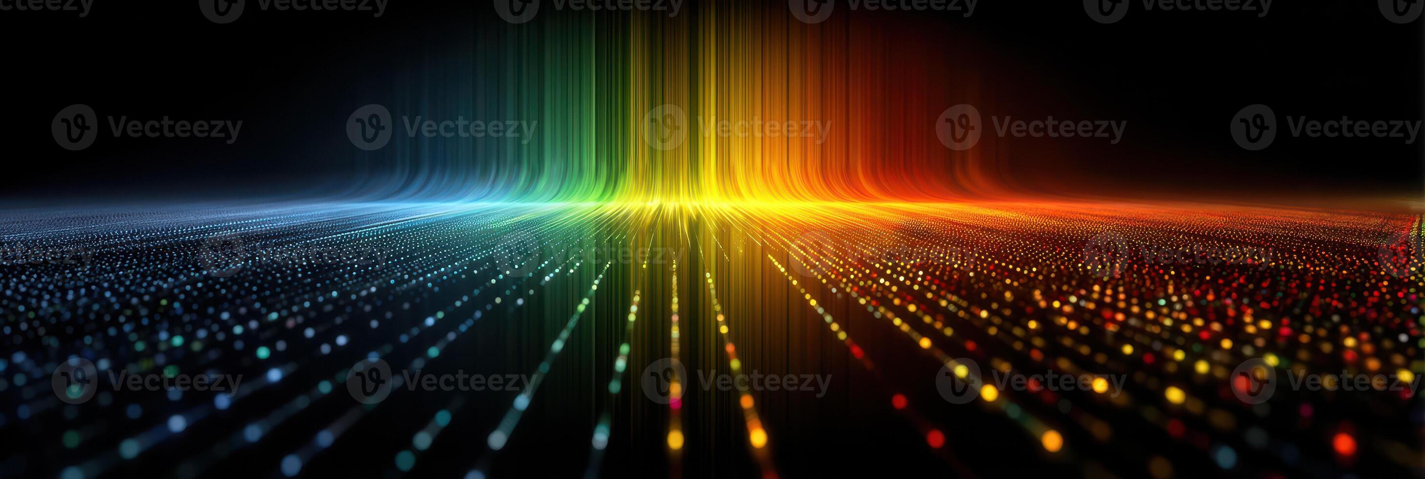 Vibrant spectrum of colored light beams illuminating a dark space with reflective dots photo