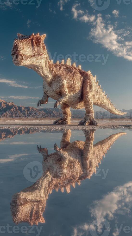 Large dinosaur statue stands near a tranquil lake at sunset with mountains in the background photo