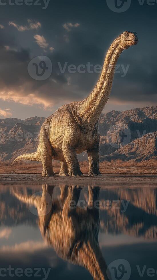 Giant dinosaur standing majestically by a reflective water surface in a natural landscape at dusk photo