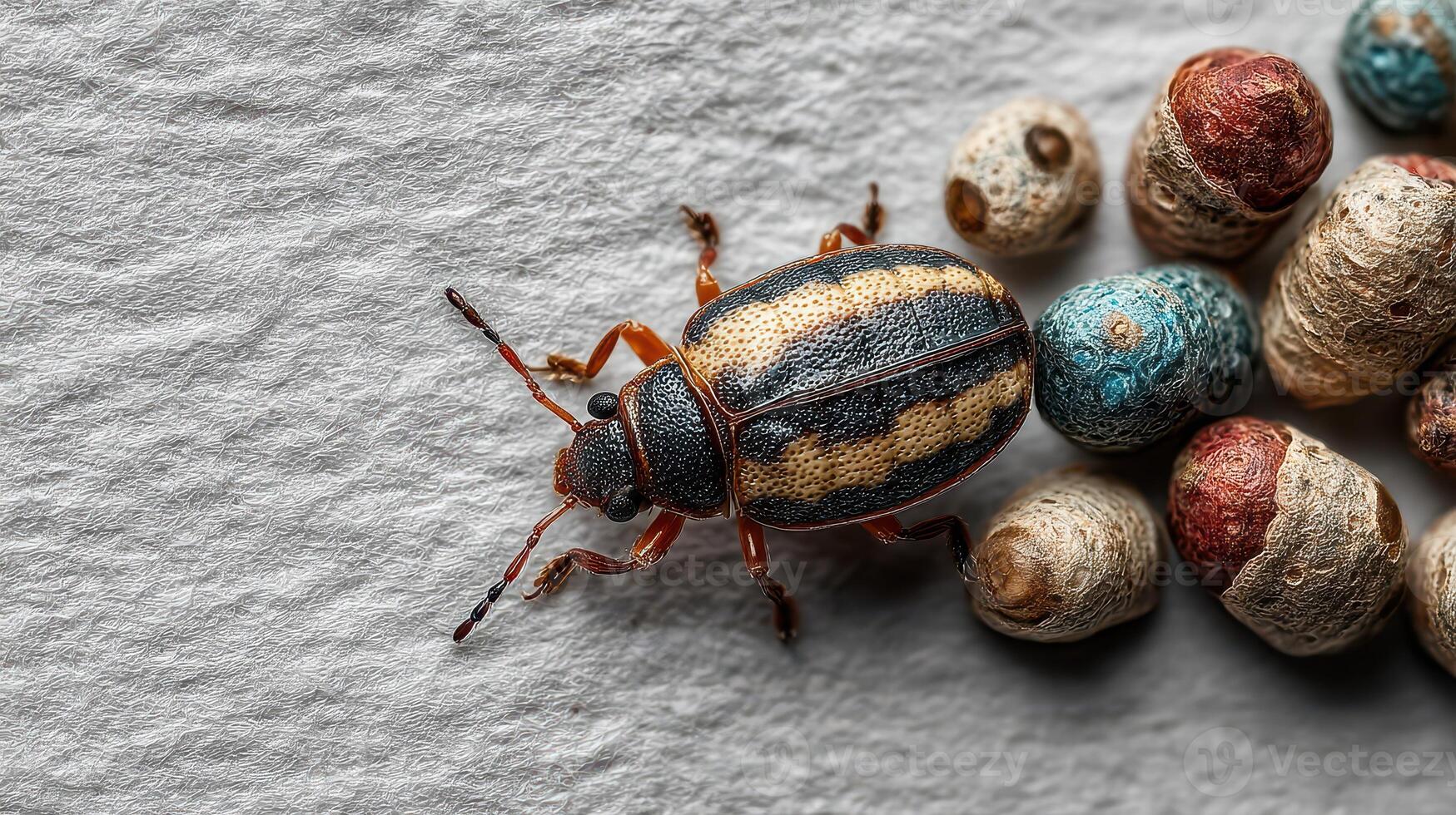 Detailed view of a beetle beside colorful seeds on textured surface in natural light photo