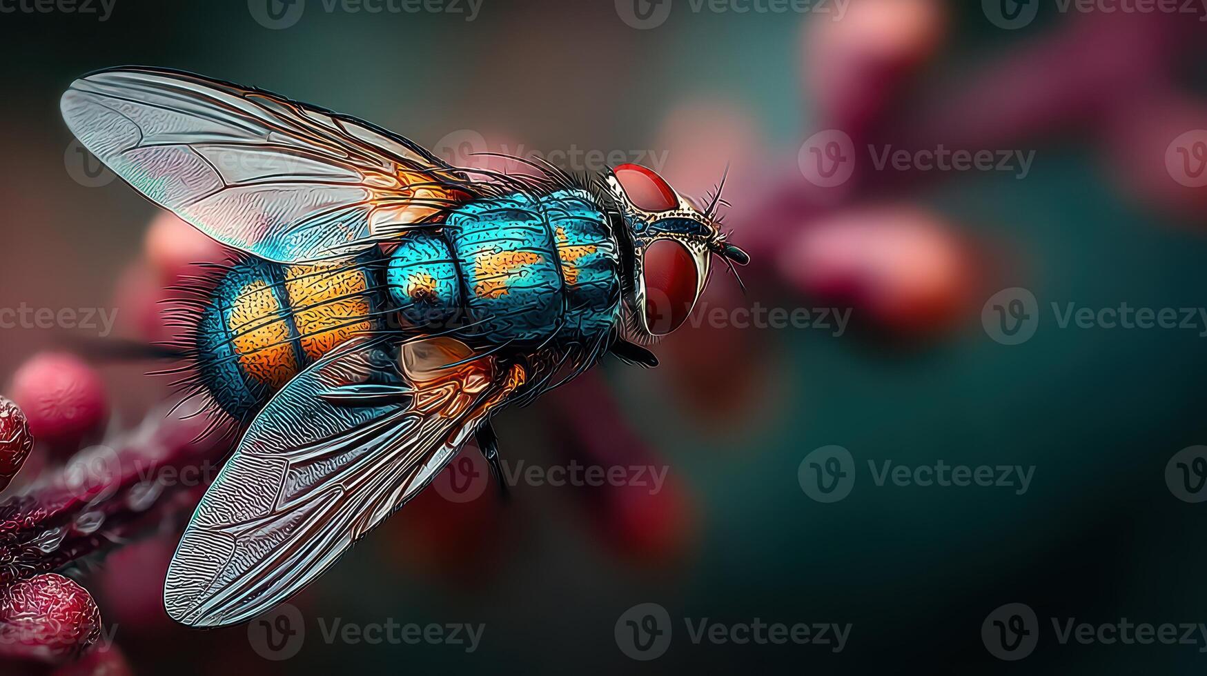 Close-up view of a colorful fly resting on vibrant plant elements in natural light outdoors in a garden setting photo