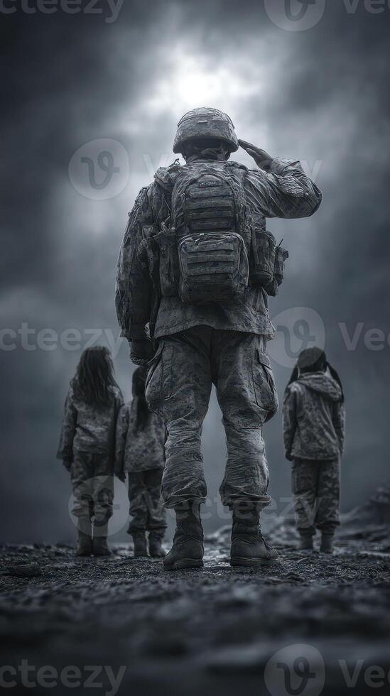 Soldier saluting while three children look on in a somber atmosphere photo