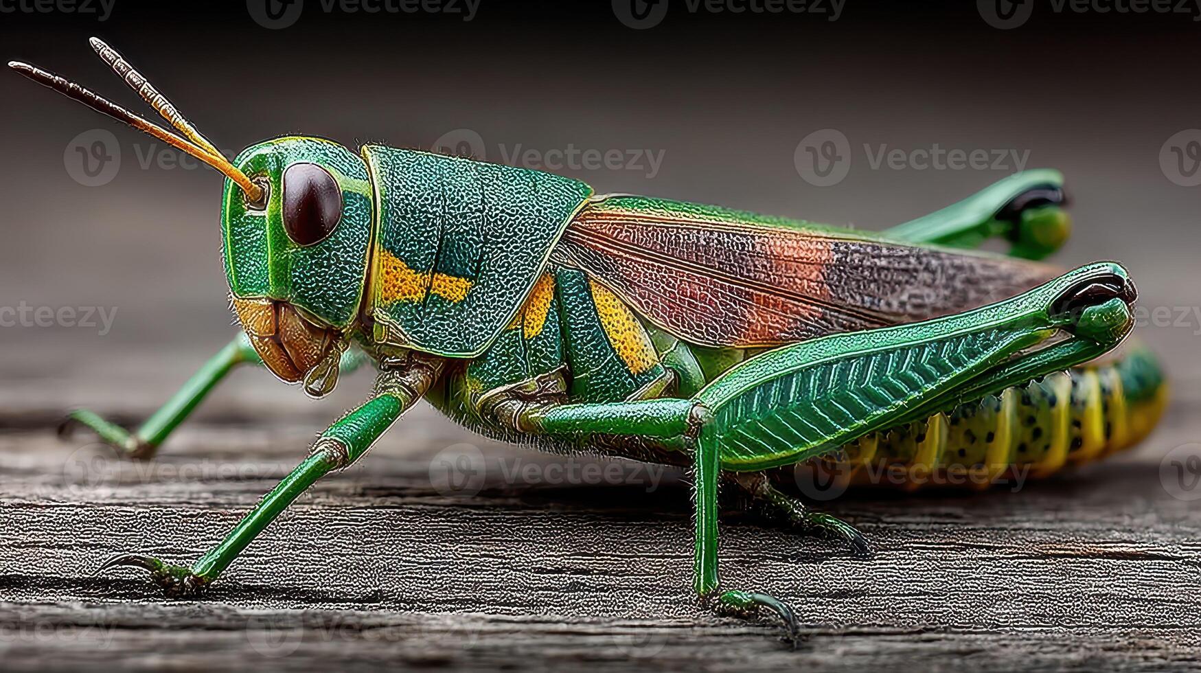 Detailed close-up of a vibrant green grasshopper resting on a wooden surface during daylight in a natural setting photo