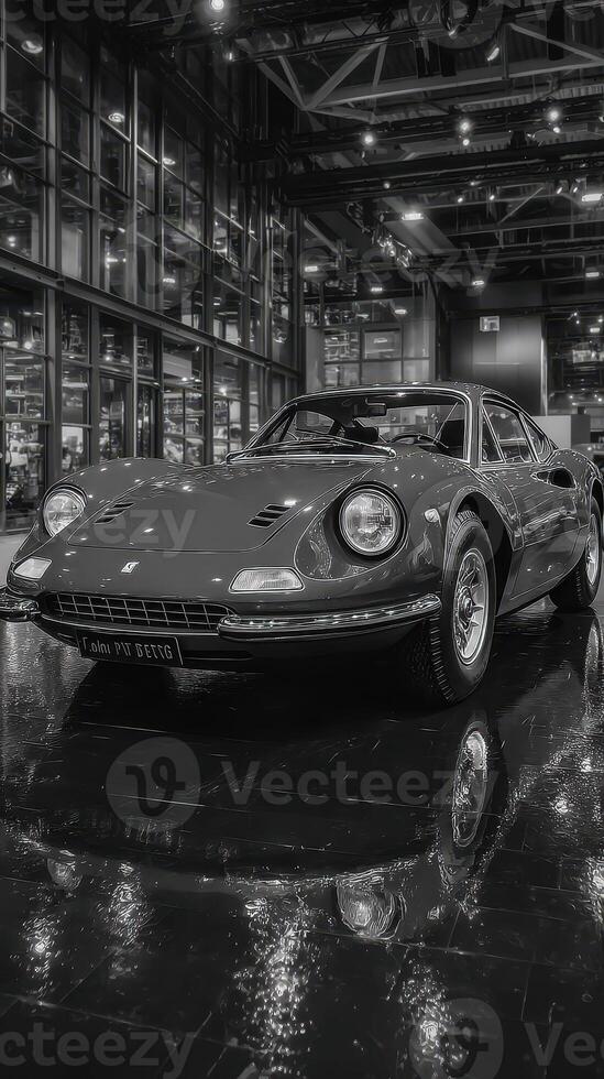 Classic red sports car displayed in a contemporary exhibition space showcases automotive design and innovation in a modern setting photo