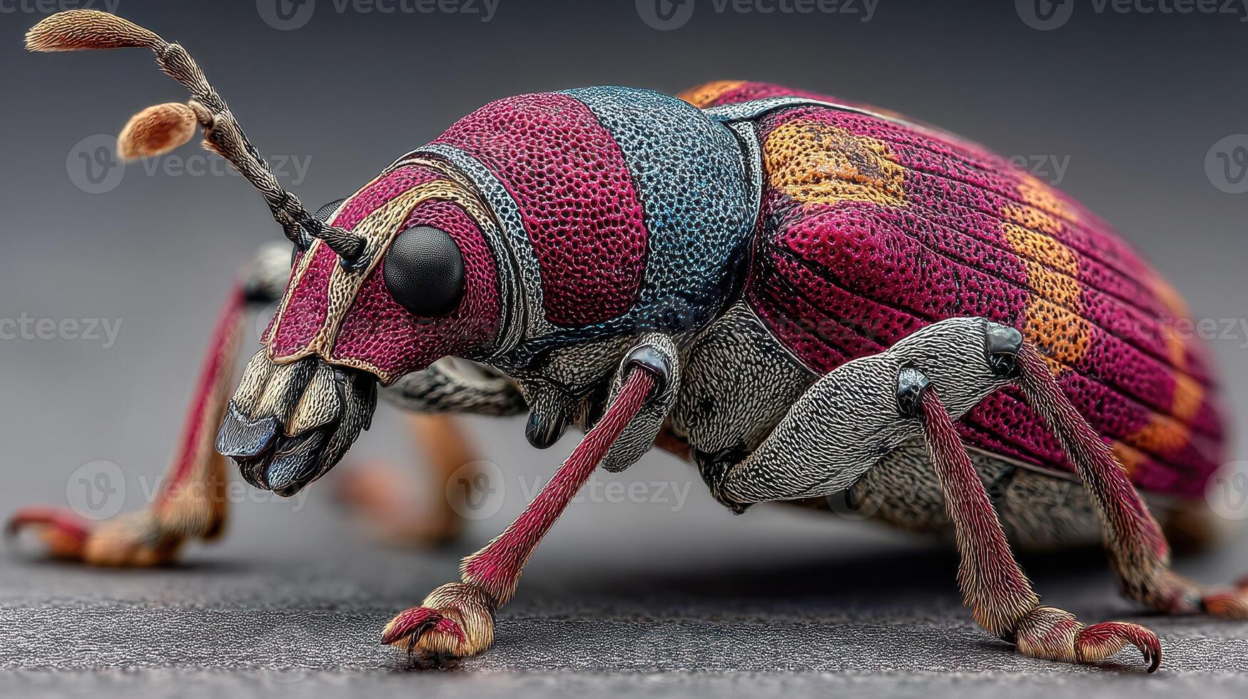 Colorful beetle showcasing intricate patterns and textures on a dark background under macro lighting conditions photo